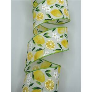White Faux Linen Ribbon With Lemons & Lemon Floral Blossoms 2.5" X 10 Yards New!